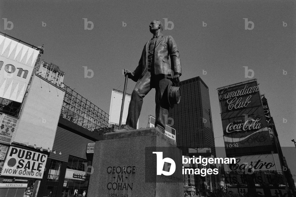 The statue of George Michael Cohan in Time Square in New York City (b/w photo)