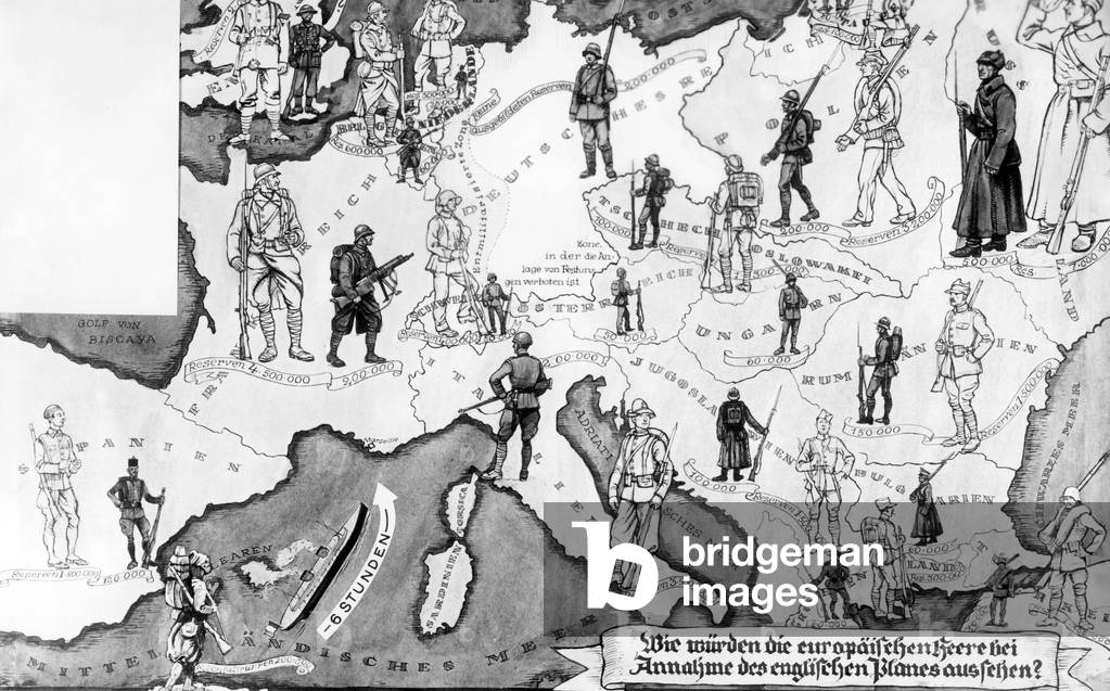 Map of the standing European armies with reserves according to the English disarmament plans, circa 1920s