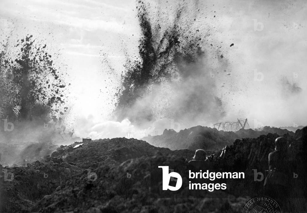 Artillery fire on a battlefield at Verdun, 1916 (b/w photo)