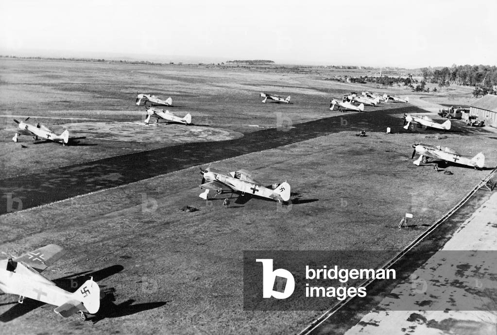German fighter planes at a military airbase at the Channel, 1943 (b/w photo)