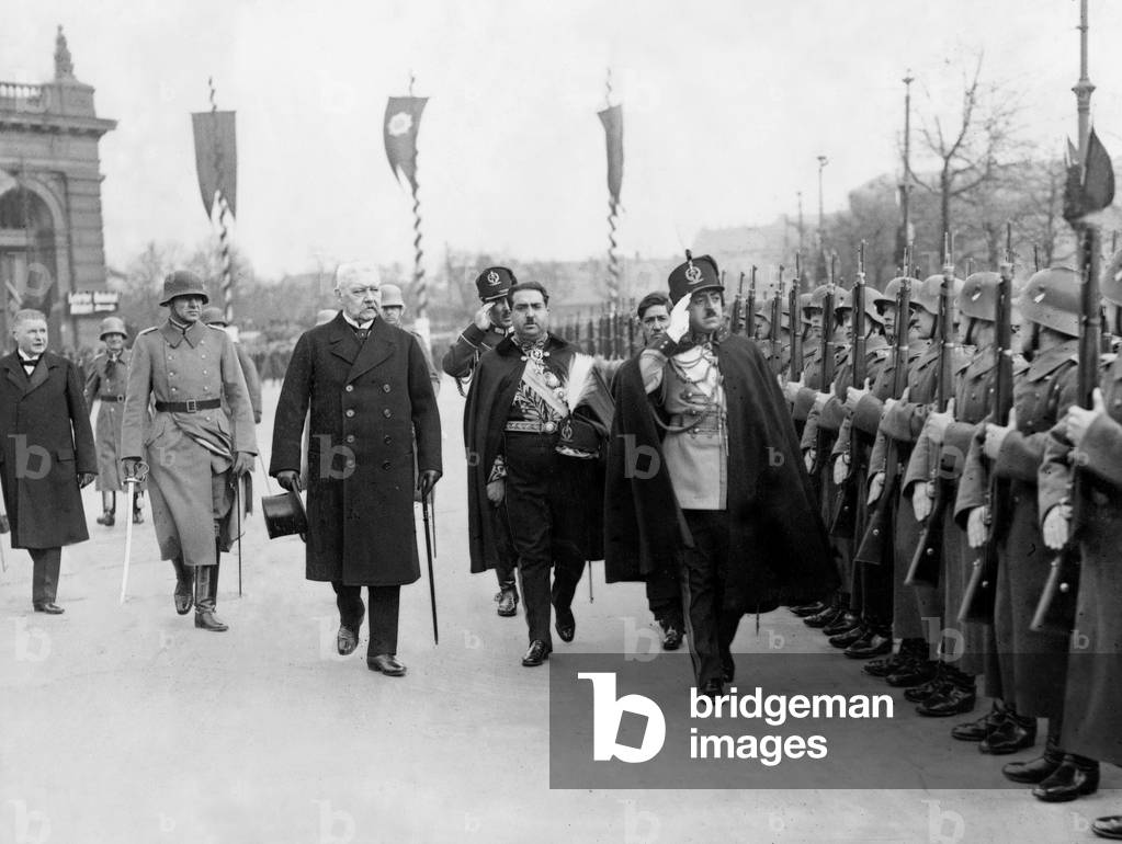 Paul von Hindenburg and King Amanullah Khan in Berlin, 1928 (b/w photo)