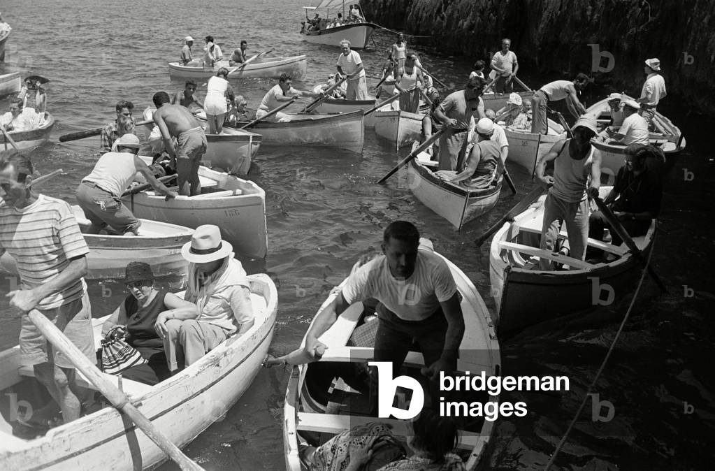 Heavy traffic in front of the Grotta Azzurra, Capri, 1957 (b/w photo)