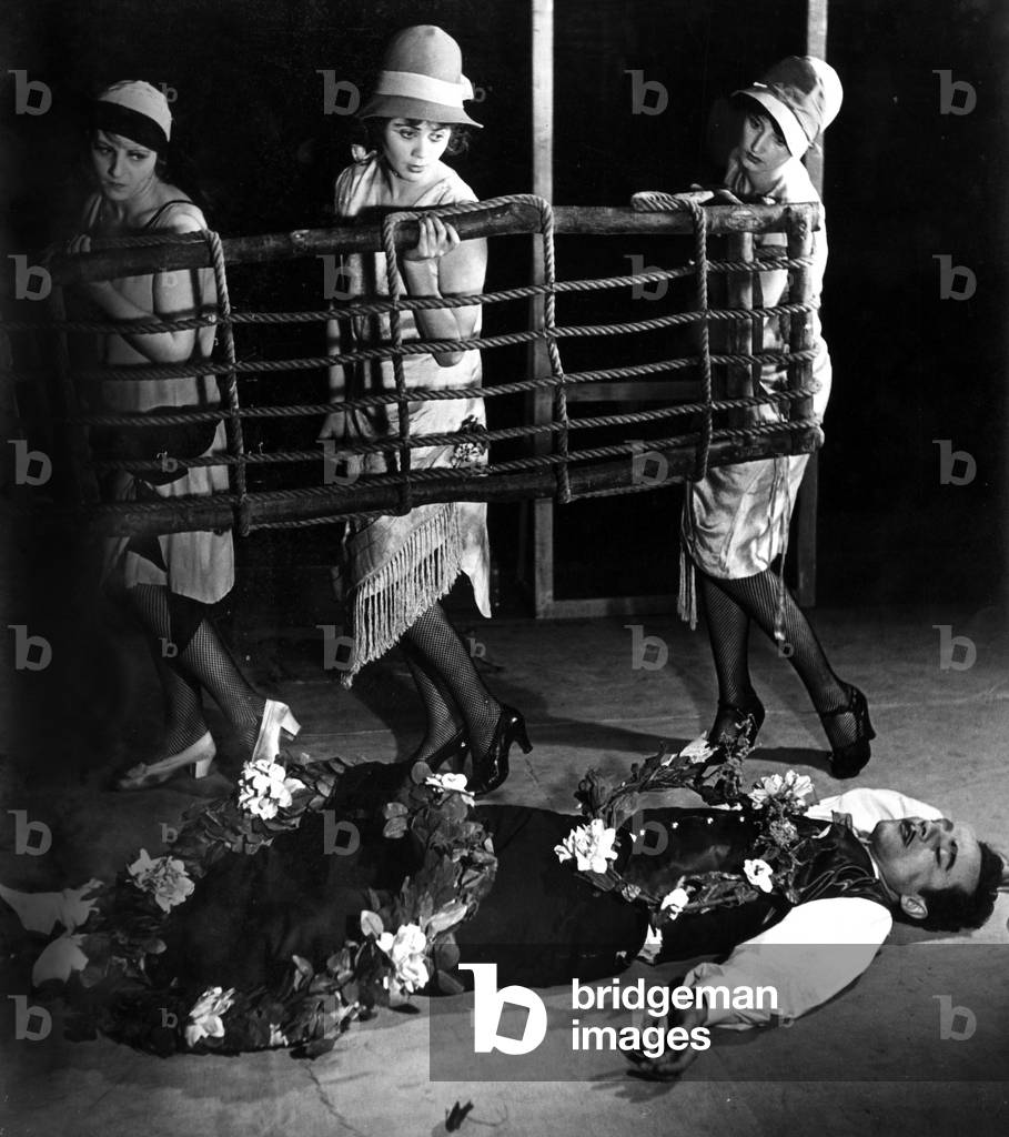 Scene from a play (b/w photo)