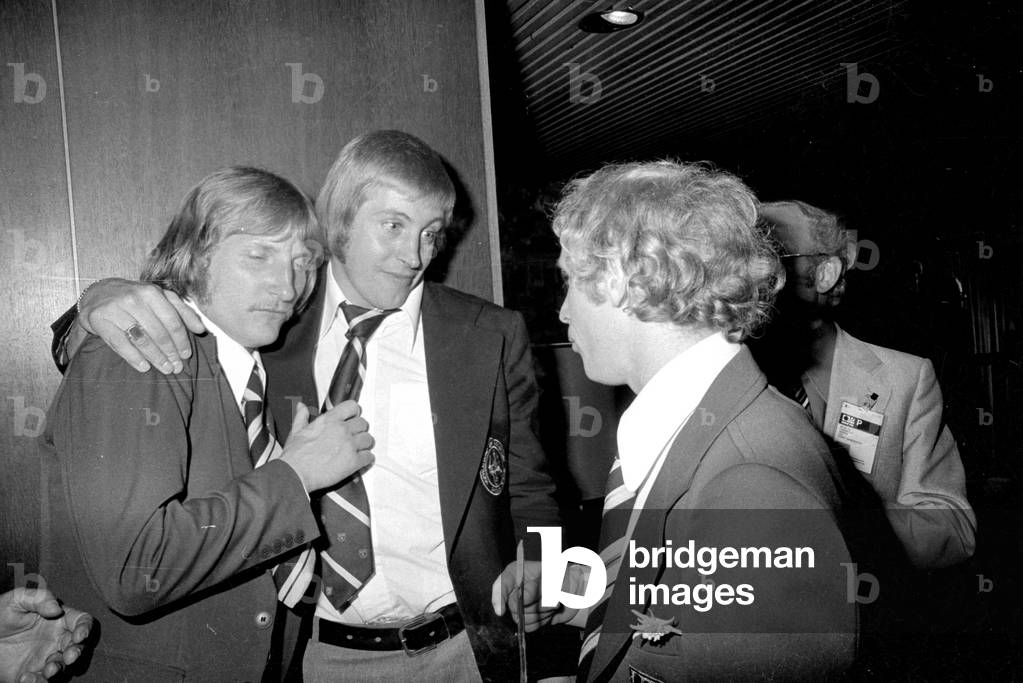 Wolfgang Kleff and Berti Vogts at the celebration of the World Cup victory in Munich, 1974 (b/w photo)