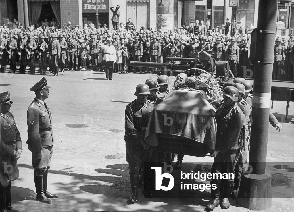 Heinrich Himmler and Sepp Dietrich at the coffin of Reinhard Heydrich in Berlin, 1942 (b/w photo)