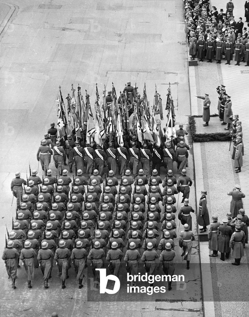 Adolf Hitler takes the salute on the Commemoration Day of Heroes, 1939 (b/w photo)