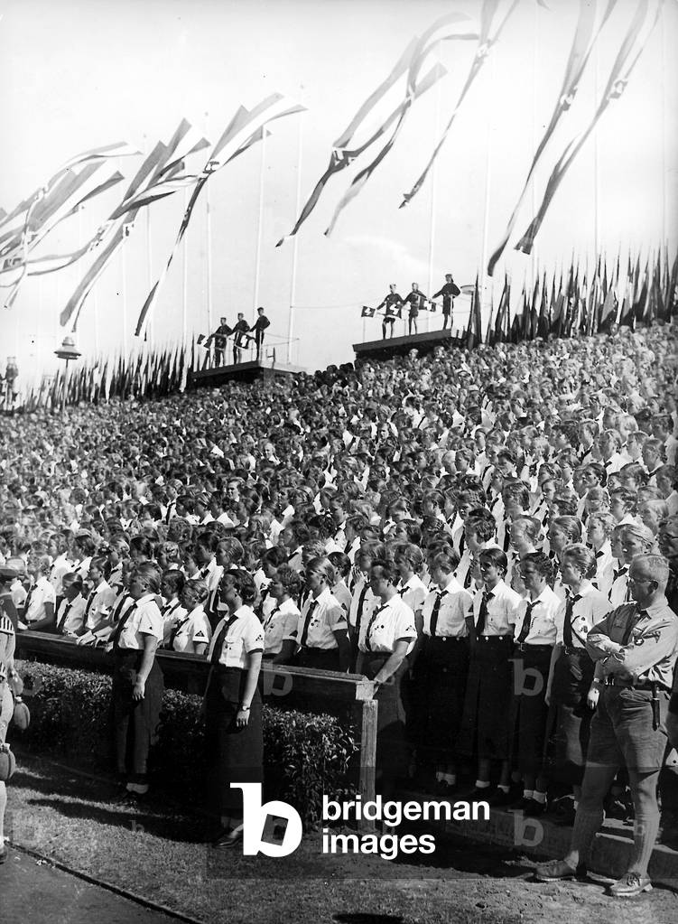 League of German Girls (BDM) at the Nuremberg Rally in Nuremberg, 1936 (b/w photo)