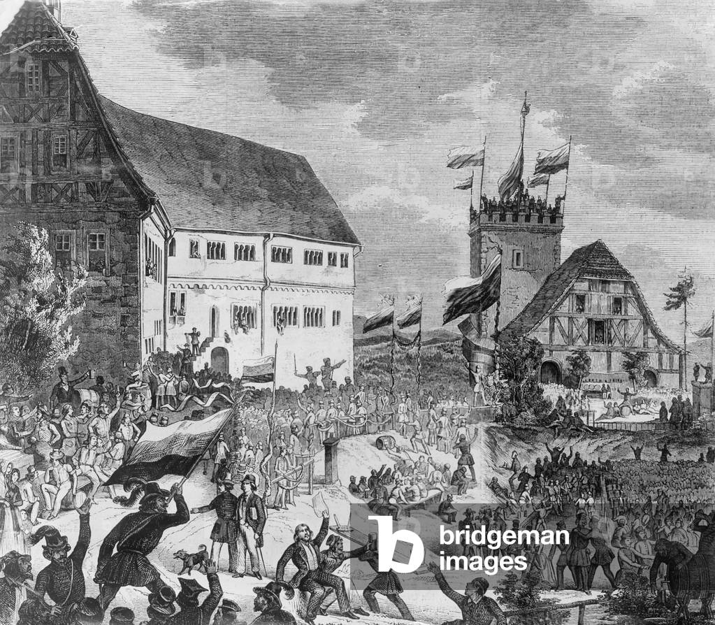 Students with black-red-gold flags at the Wartburg festival, to which the Jena fraternity has invited all German students, 1817 (litho)