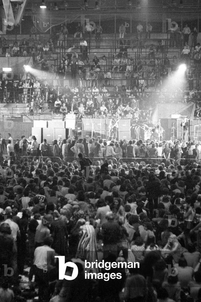 Crowd at a rock festival in Munich, 1970 (b/w photo)
