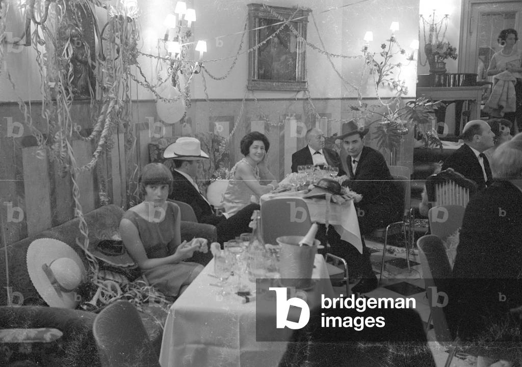 New Year's Eve celebration in St. Moritz, 1966 (b/w photo)