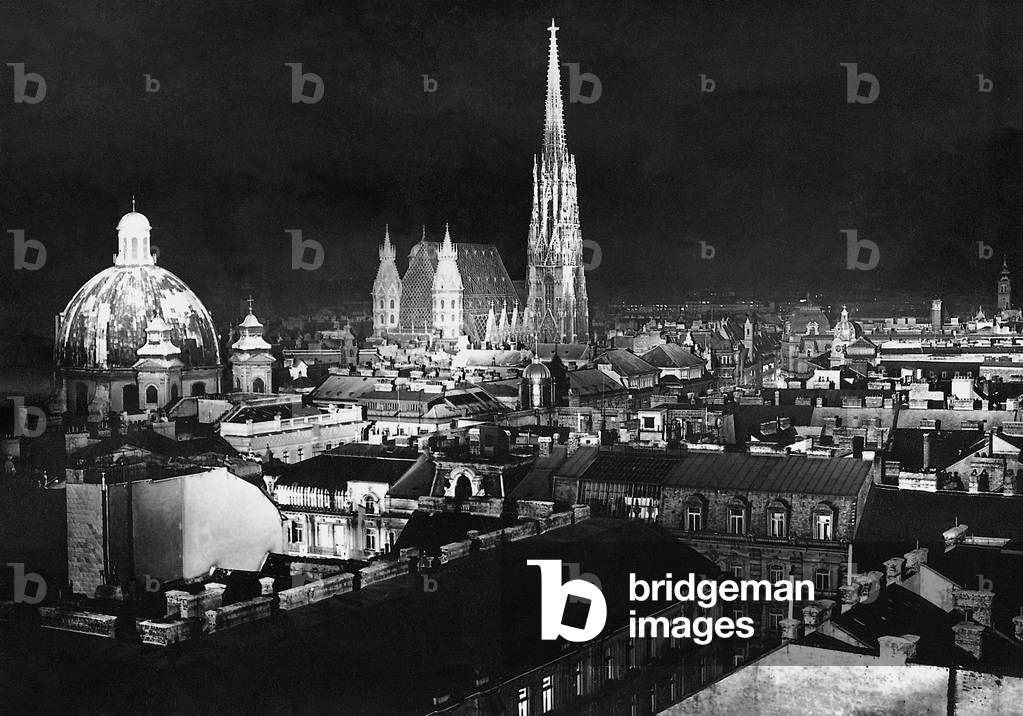 St. Peter's Church and Stephan's Cathedral at night, 1938 (b/w photo)