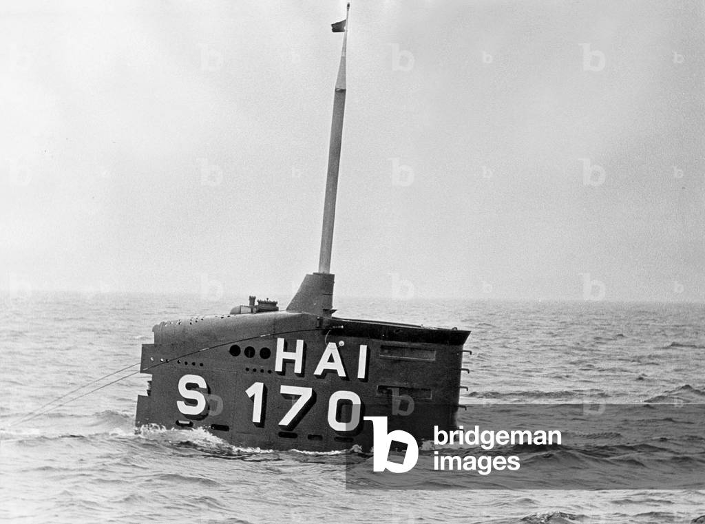 The German submarine S 170 Hai in the Baltic Sea (b/w photo)