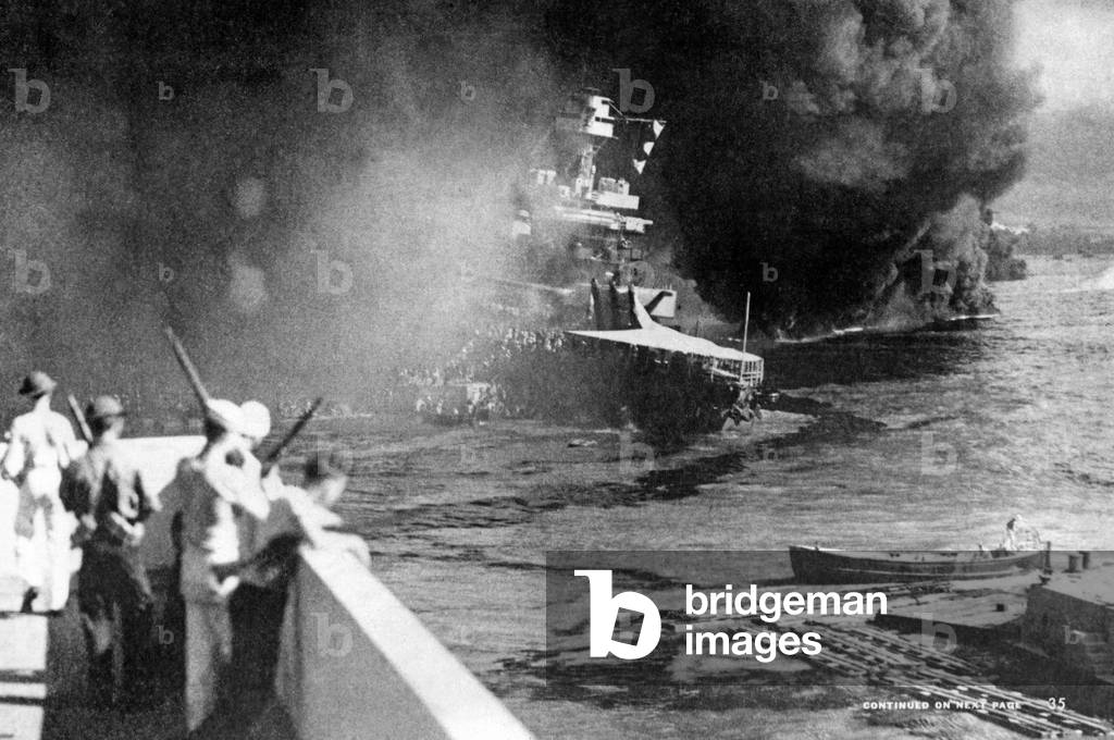 Burning battleships in Pearl Harbor on 12/07/1941  (b/w photo)