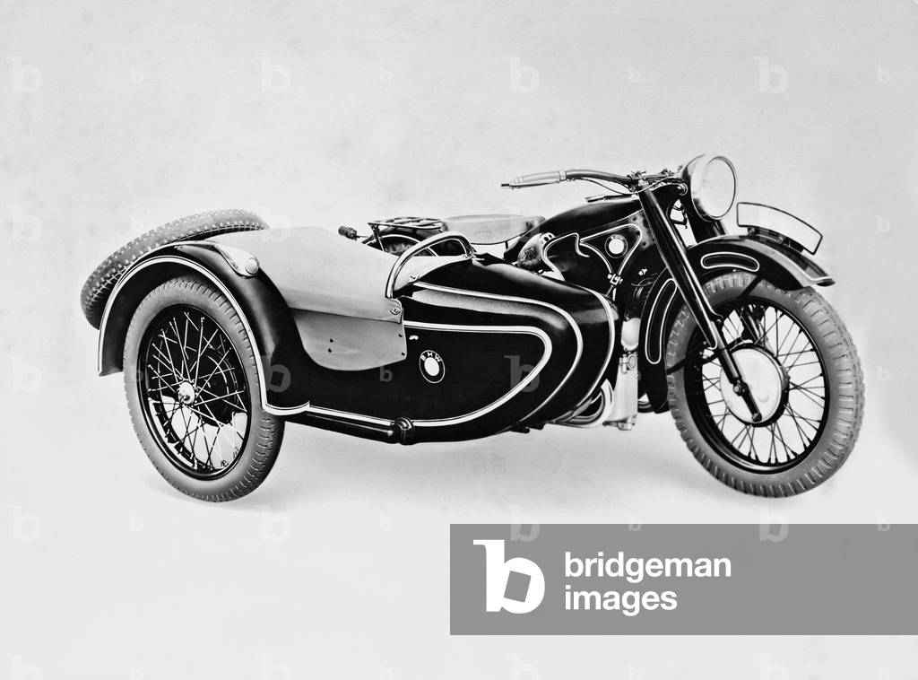 BMW motorcycle with sidecar, 1935 (b/w photo)