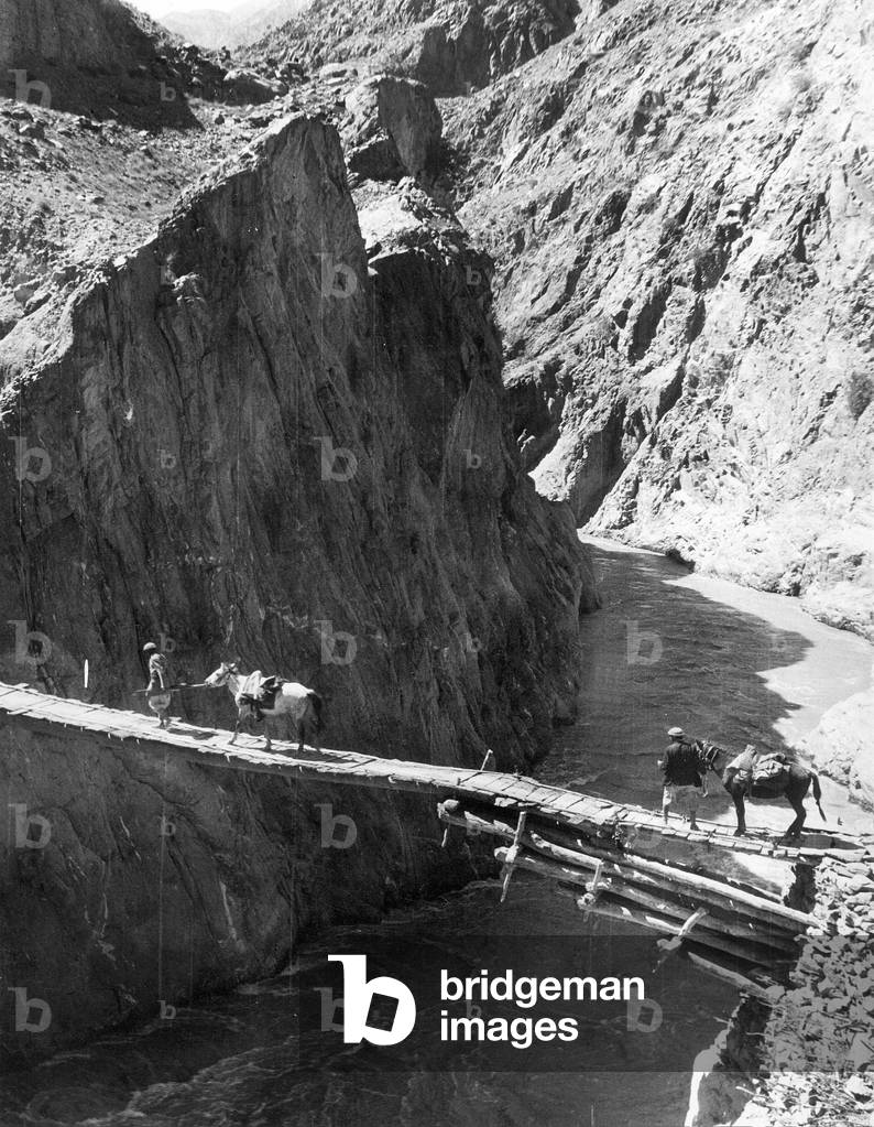 Wooden bridge in Afghanistan, 1937 (b/w photo)