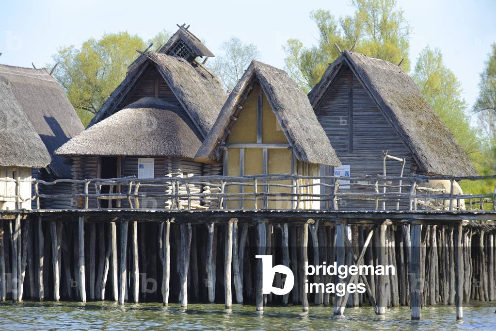Stone age and bronze age stilt houses in Unteruhldingen at Lake Constance, Germany, 2012 (photo)
