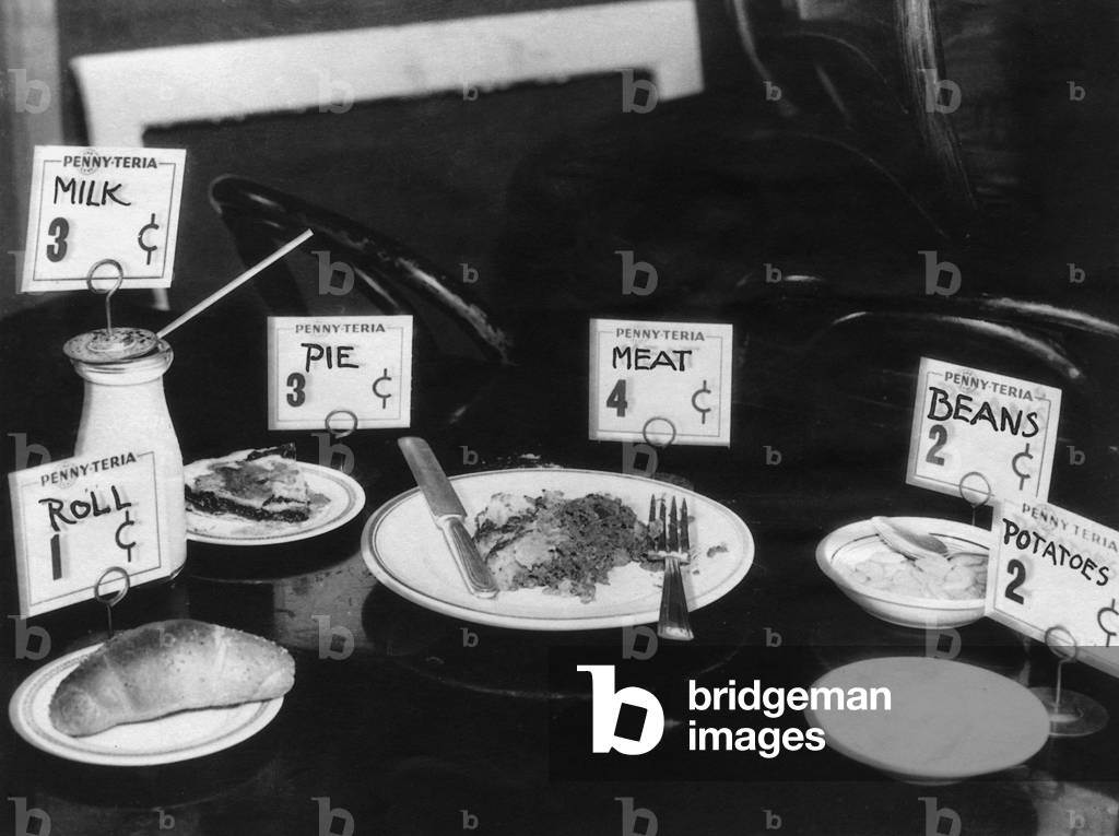 Unemployment meal during the Great Depression, 1931 (b/w photo)