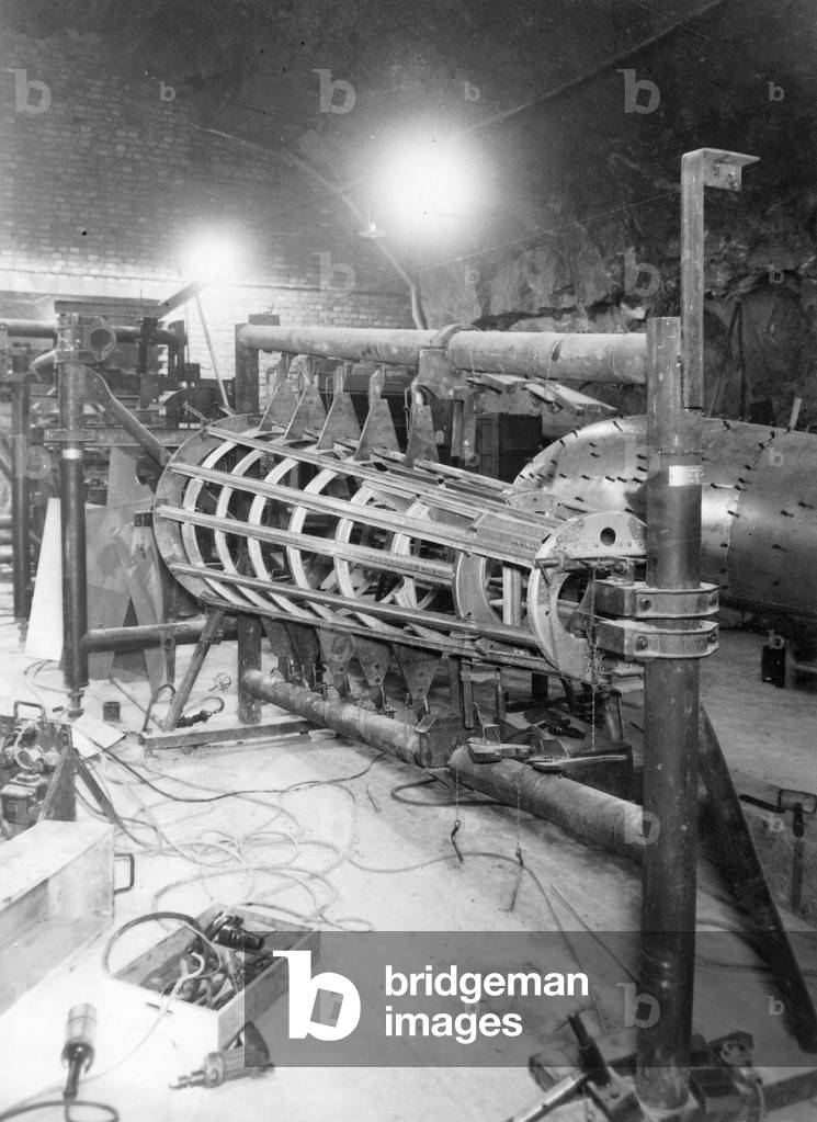 Production of fighter airplanes in Germany, 1944 (b/w photo)