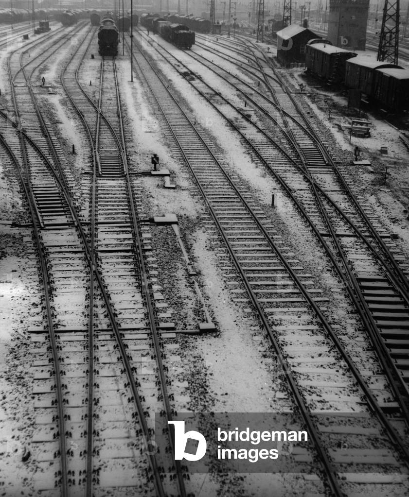 A railway station in Augsburg (b/w photo)