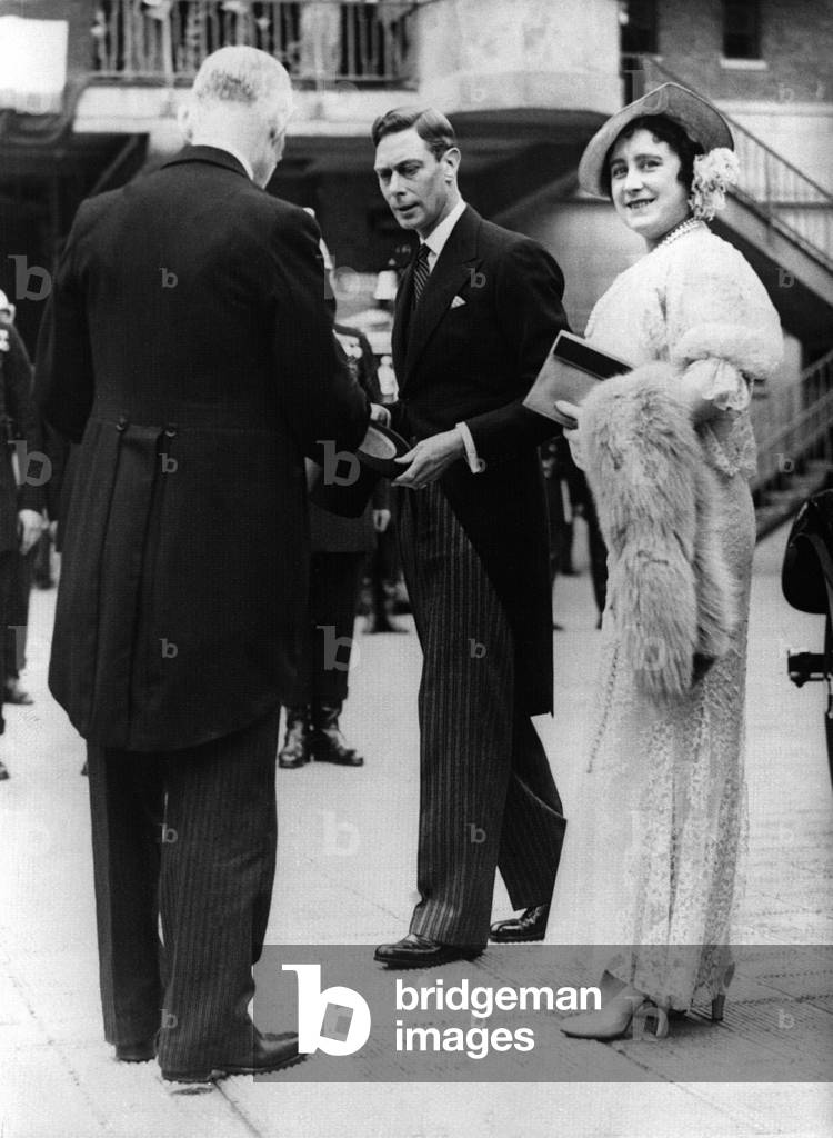 King George VI and Queen Elizabeth on their arrival at the headquarters of the Fire Brigade, 1937 (b/w photo)