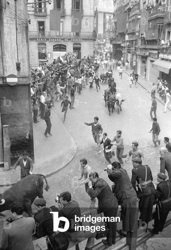 Bullfighting festival in Pamplona, 1965 (b/w photo)