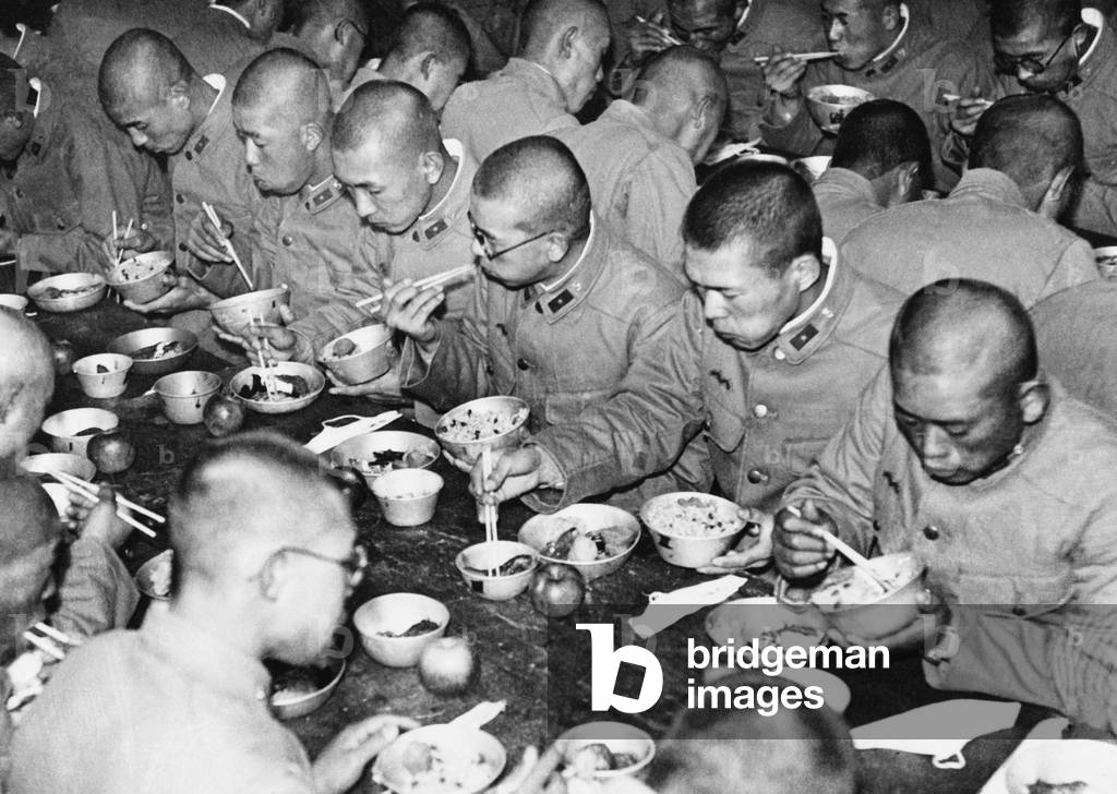 Japanese cadets in a military barrack, 1940 (b/w photo)