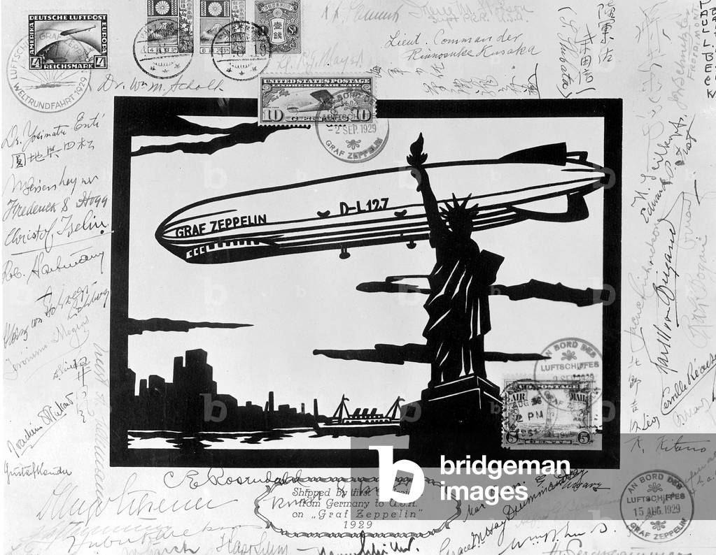 Commemorative sheet of the round the world flight of 'Graf Zeppelin' (b/w photo)