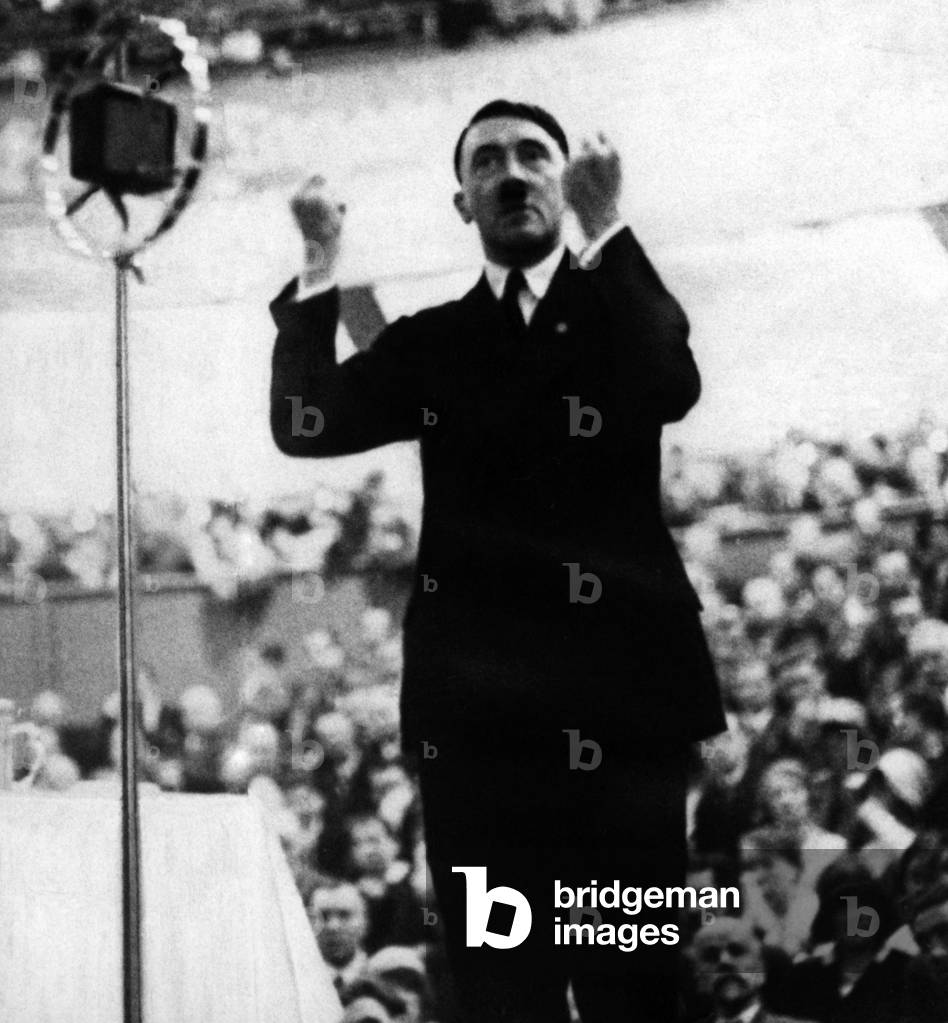 Adolf Hitler during an election campaign speech, 1930 (b/w photo)
