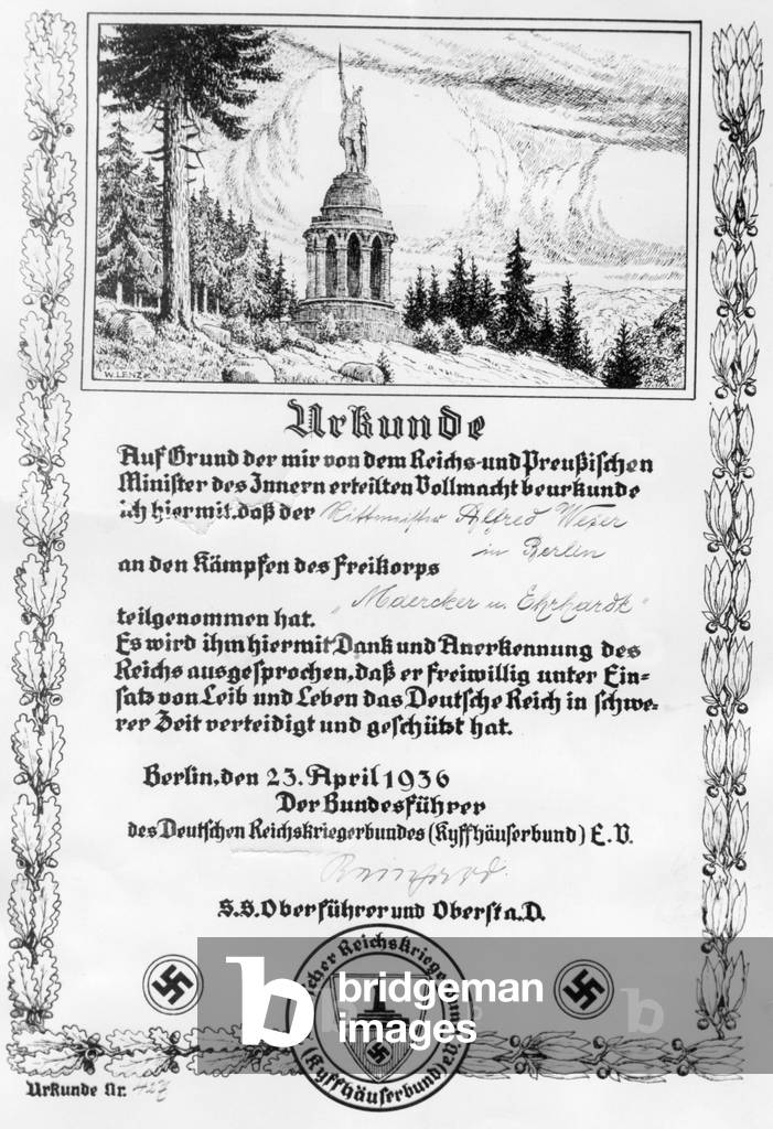 Certificate for Freikorps members, 1936