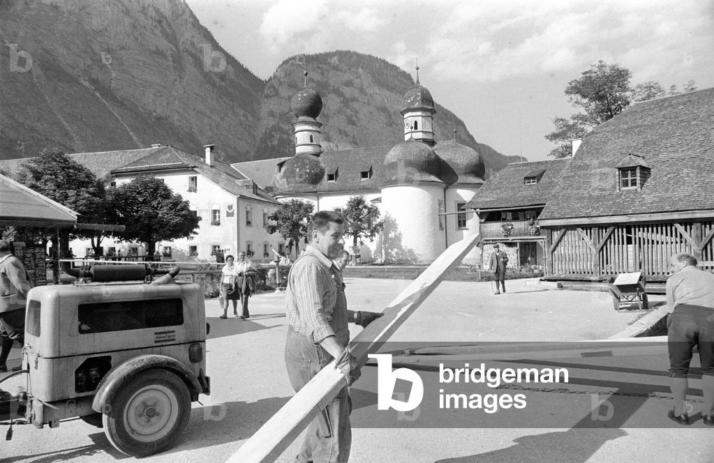 Restoration of the St. Bartholomew's Church on Koenigssee lake, 1974 (b/w photo)
