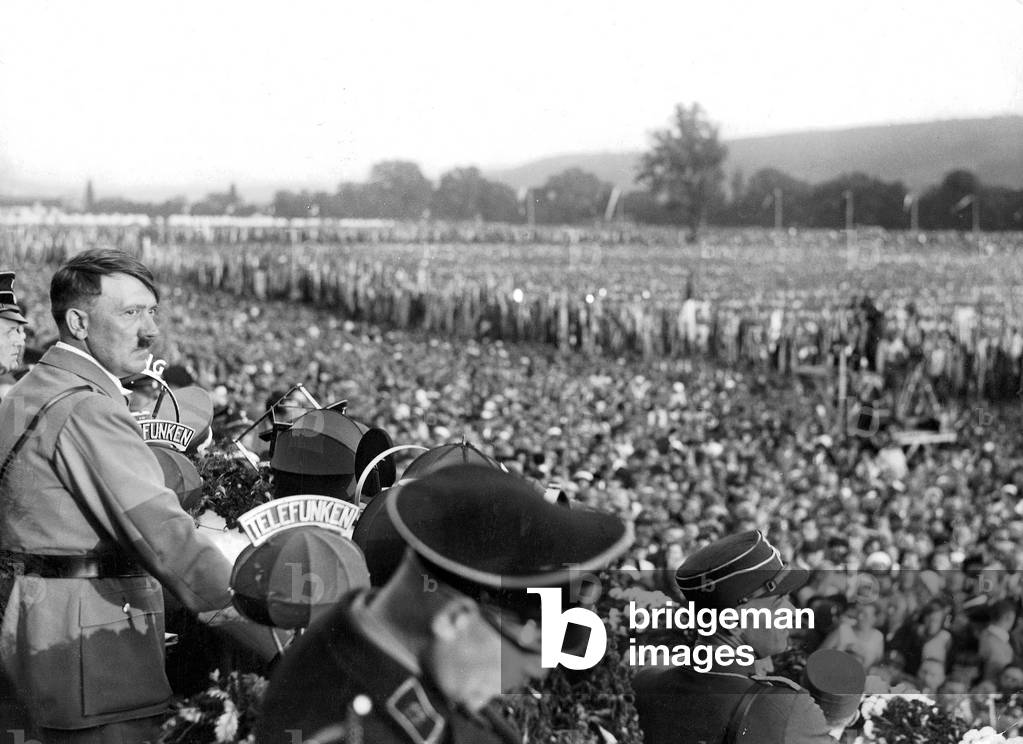 Adolf Hitler speaks at the German Gymnastic Meet 1933 (b/w photo)