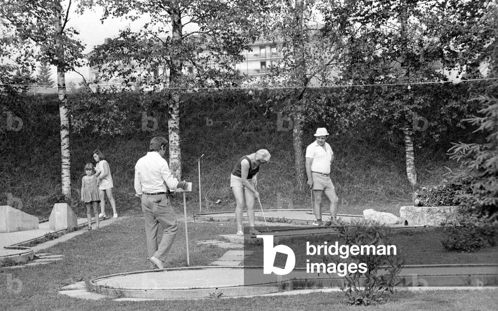Miniature golf course in Bavaria, 1971 (b/w photo)