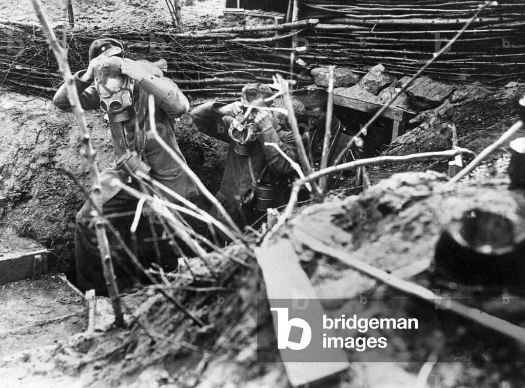 German soldiers during a gas alarm, 1917 (b/w photo)