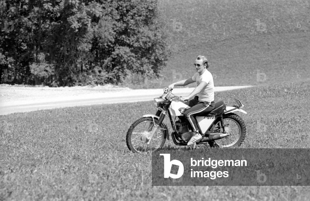 Motorcyclist in the mountains, 1974 (b/w photo)