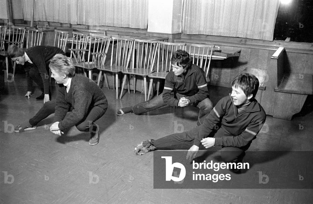Skiers doing dry training, 1962 (b/w photo)