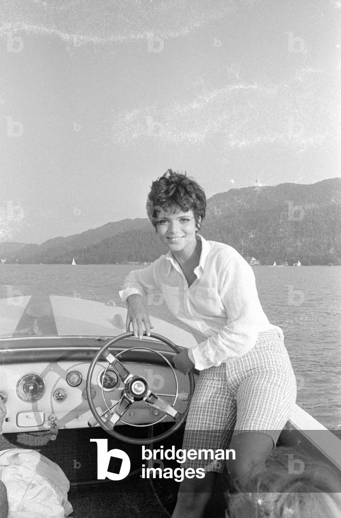 Uschi Glas on a motor boat, 1969 (b/w photo)