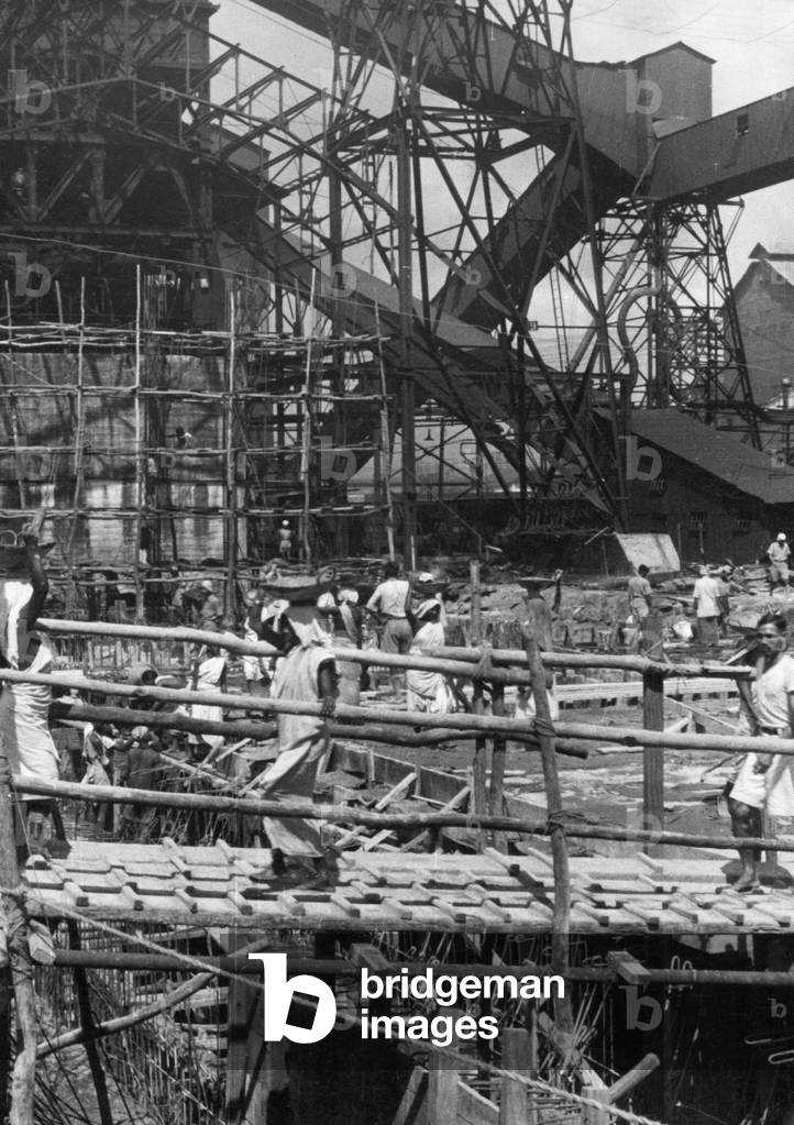 Indian women on a construction site (b/w photo)
