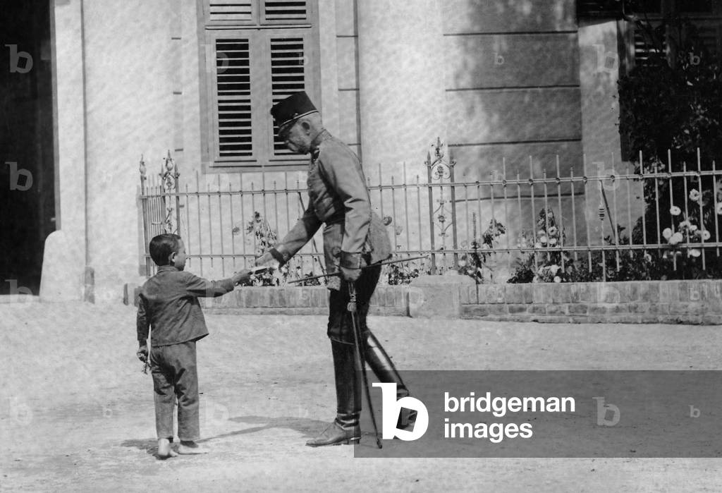 Emperor Franz Joseph I with a little boy (b/w photo)