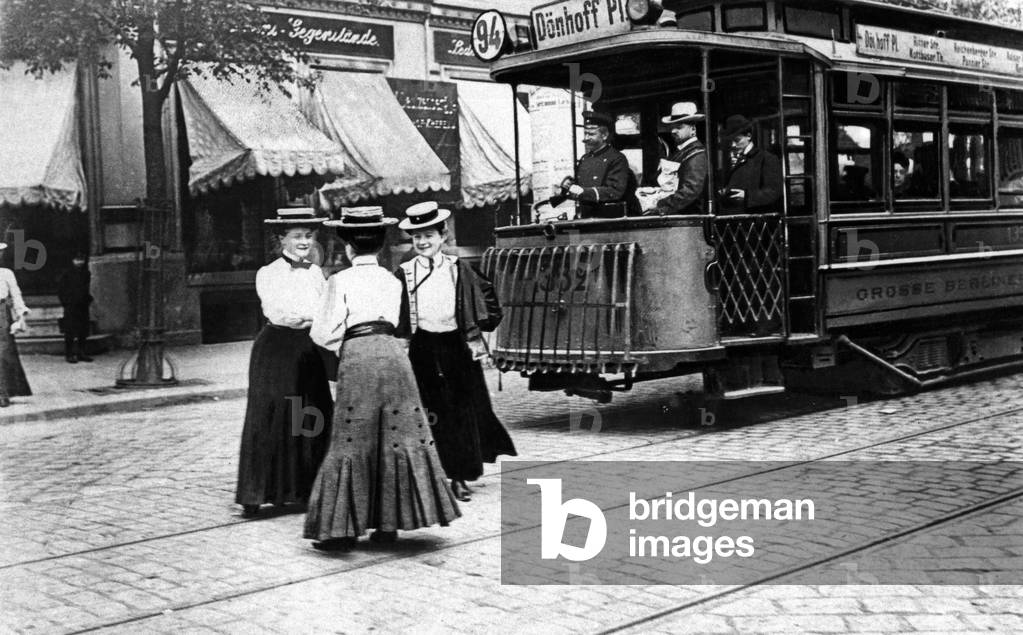 Ladies in front of the tram, 1902 (b/w photo)