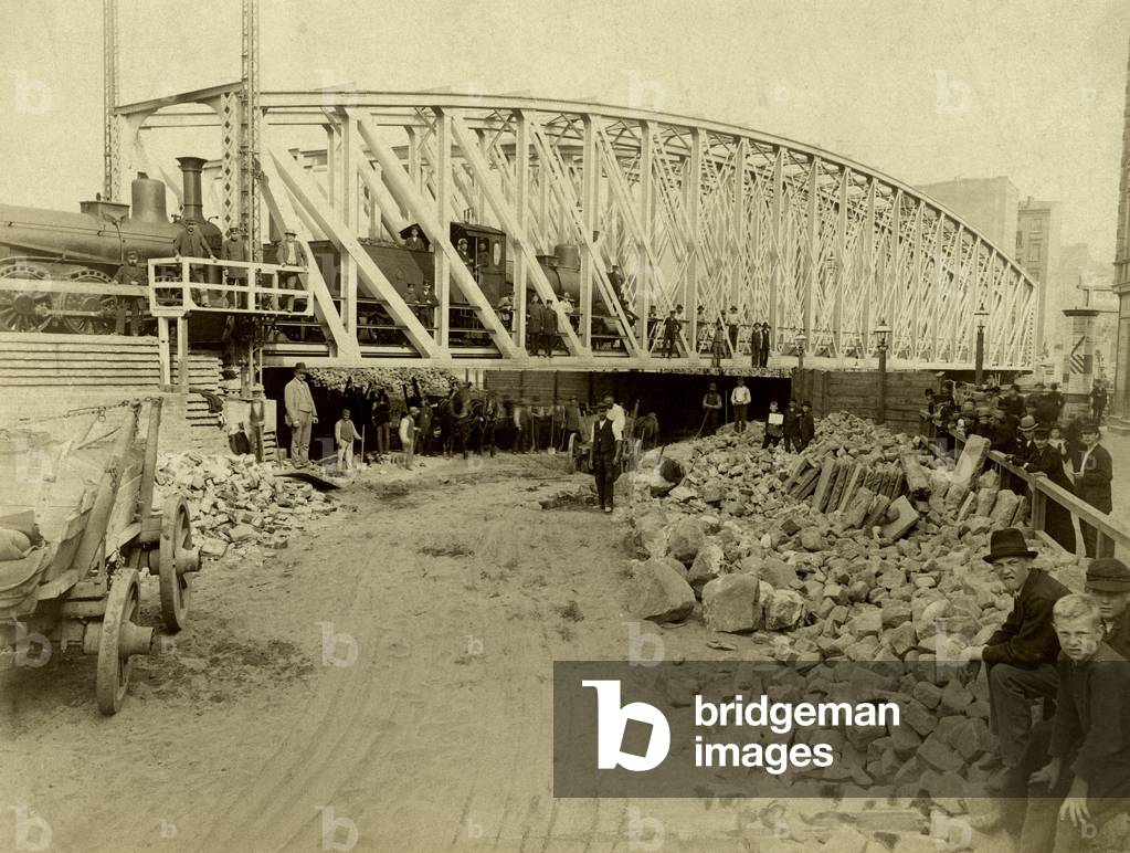 Construction of a railroad bridge in Berlin, 1890 (b/w photo)
