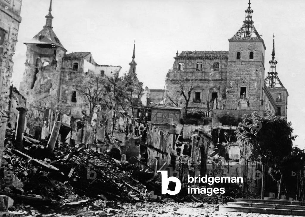 View of the destroyed Alcazar of Toledo, 1936