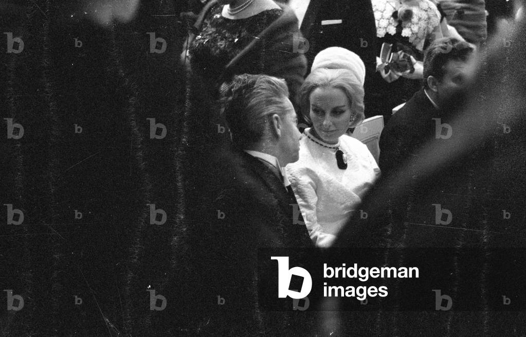 Herbert von Karajan and Eliette Mouret at the reopening of the Munich National Theatre, 1963 (b/w photo)