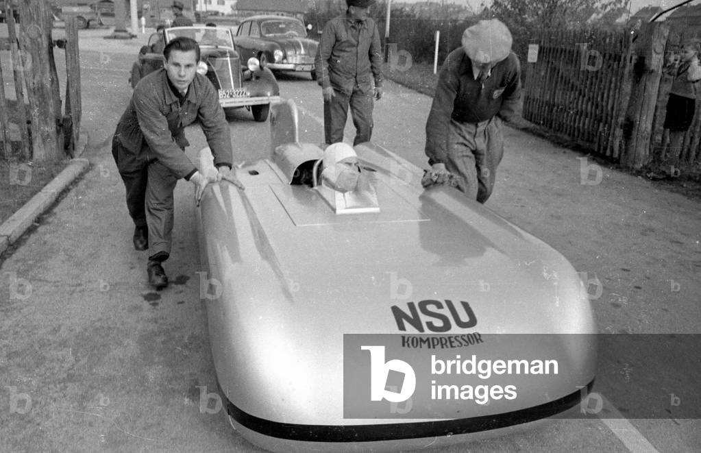Ferdinand Lehder in the NSU world record car 1951 (b/w photo)