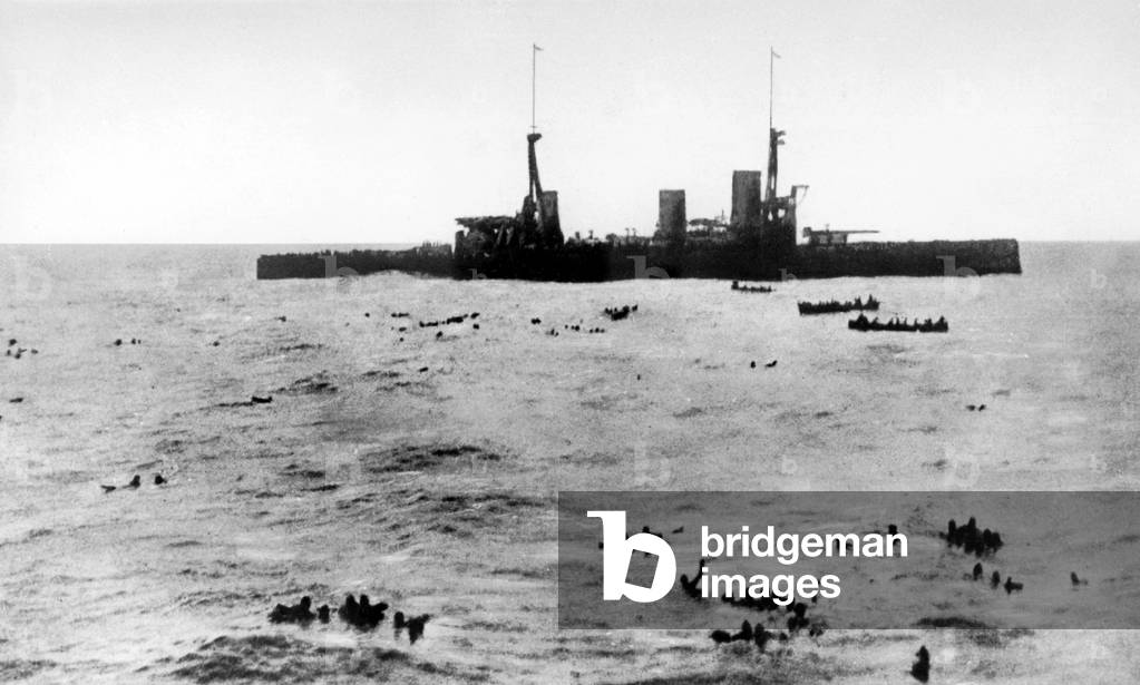 HMS Inflexible during the Battle of the Falkland Islands, 1914 (b/w photo)