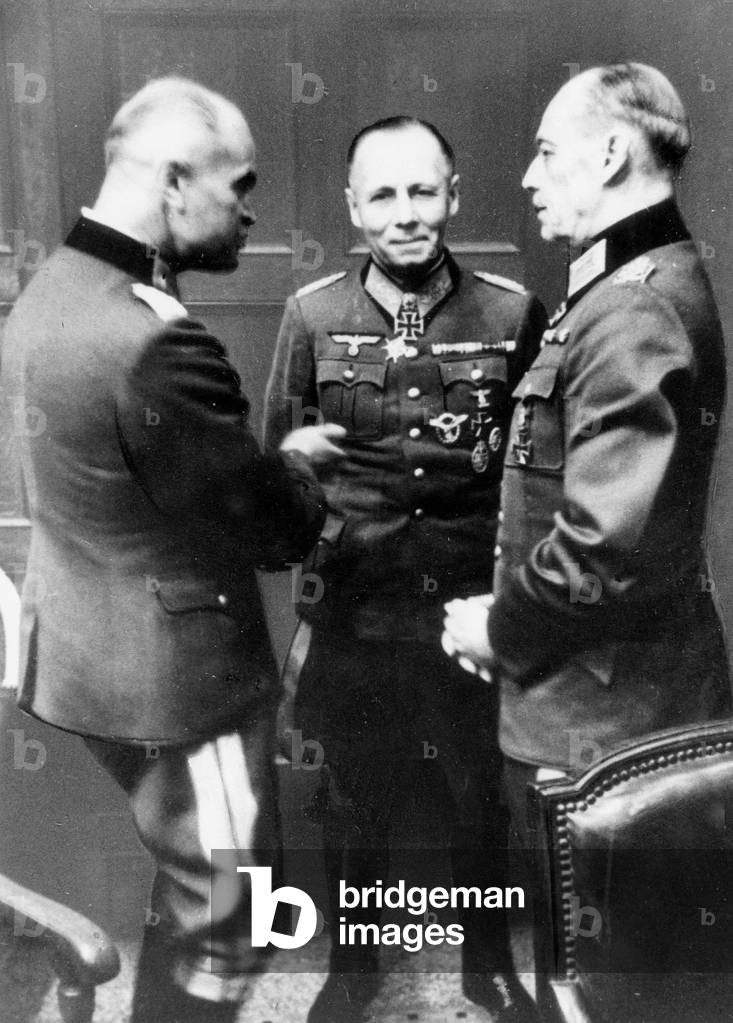von Blaskowitz, Erwin Rommel and Gerd von Rundstedt in a discussion, 1944 (b/w photo)