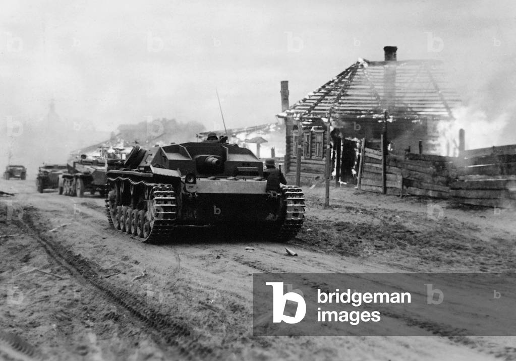 Sturmgeschuetz III  in a Russian village, 1941 (b/w photo)