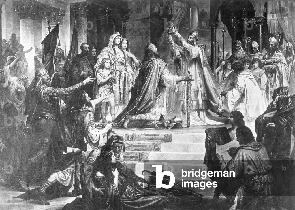 Coronation of Charlemagne by Pope Leo III, 800 (b/w photo)