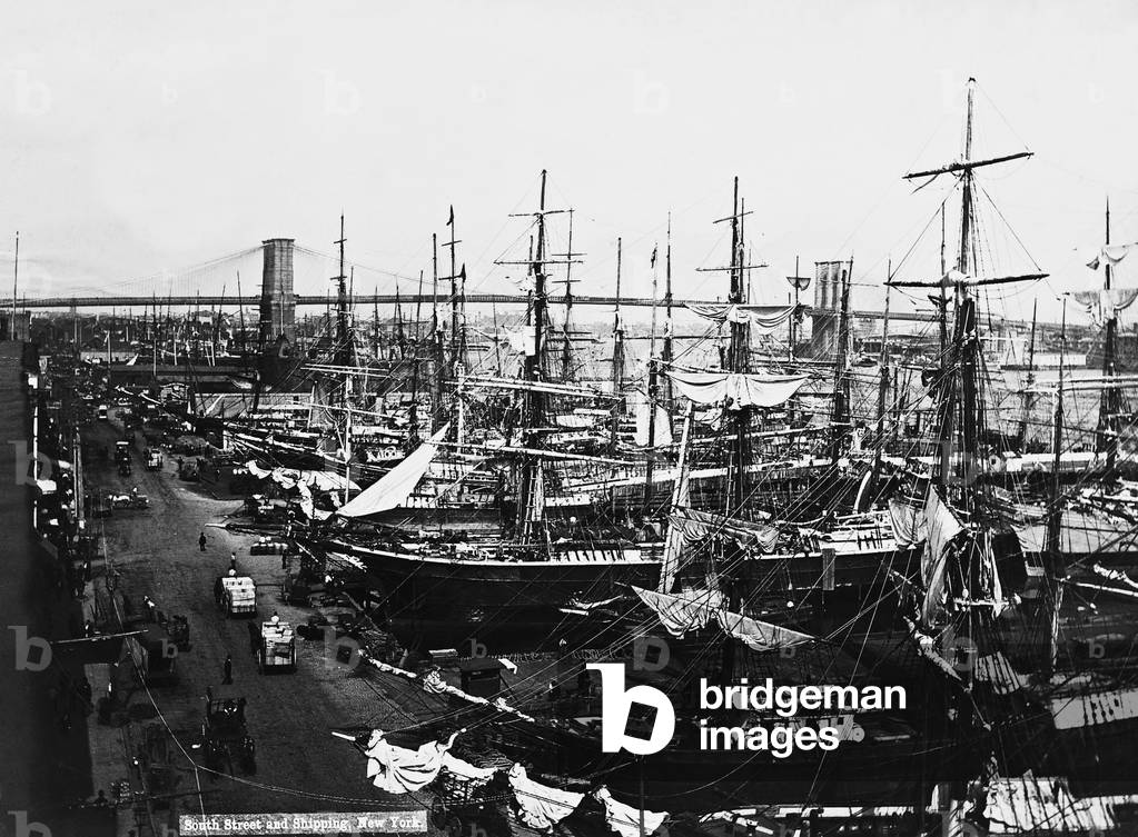 Sailing ships in the port of New York (b/w photo)