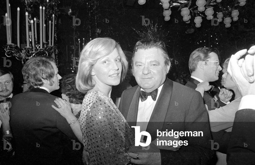 Brigitte Beckenbauer and Franz Josef Strauss at the Soiree der Stars in Munich, 1974 (b/w photo)