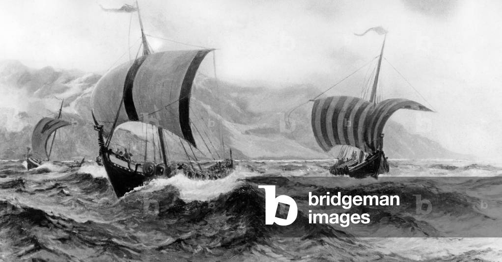 Drawing of three Viking ships leaving a fjord